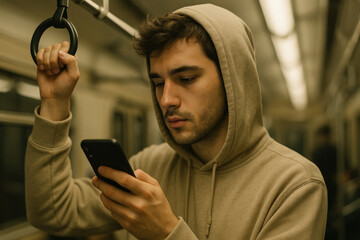 Young man in hoodie using smartphone while traveling on subway train, focused and engaged in screen