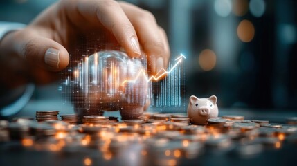 Close-up of hand placing coins into a piggy bank with digital financial growth charts overlay symbolizing investment and savings growth
