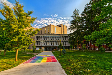 10 Aug 2024 - University of Guelph, ON, Canada. Concrete path leading up to McLauglin library is a departure from the university theme.