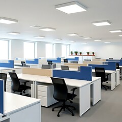 Empty Office Space: A modern office interior with rows of cubicles and desks bathed in natural light, representing a fresh start, efficiency, and productivity.