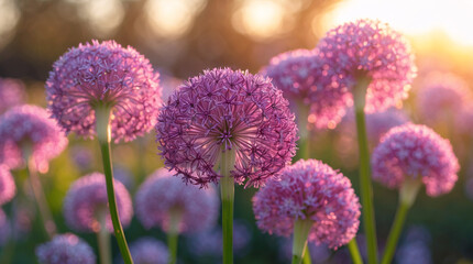 Obraz premium soft glowing sunset over purple allium flowers in bloom during peaceful warm spring floral landscape floral botanical wallpaper background