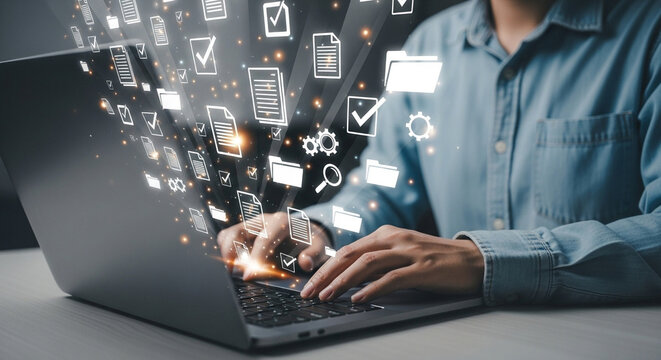 Person typing on laptop with digital document icons floating above the keyboard and screen area