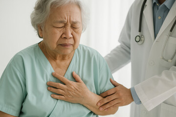 Obraz premium Concerned elderly woman holding chest under doctor's care in medical setting