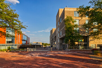 10 Aug 2024 - University of Guelph, ON, Canada. All red buildings with huge brick pathways between them in the campus.