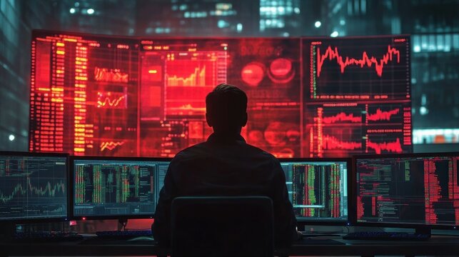 Person sitting in front of multiple computer screens displaying financial charts and data in a dark room illuminated by red digital graphs and city lights - Powered by Adobe