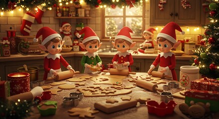Festive elves baking christmas cookies