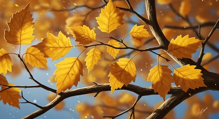 Golden autumn leaves on branches