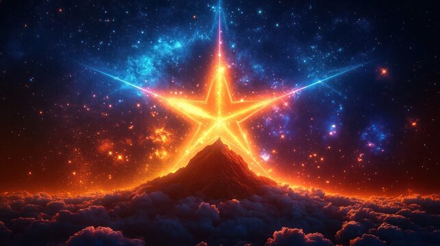 Glowing five-pointed star rising above a mountain peak surrounded by bright cosmic lights and colorful nebulae with clouds at the base emitting a fiery orange and blue glow