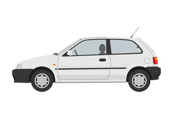 A white subcompact car is depicted in a vector illustration against a white background