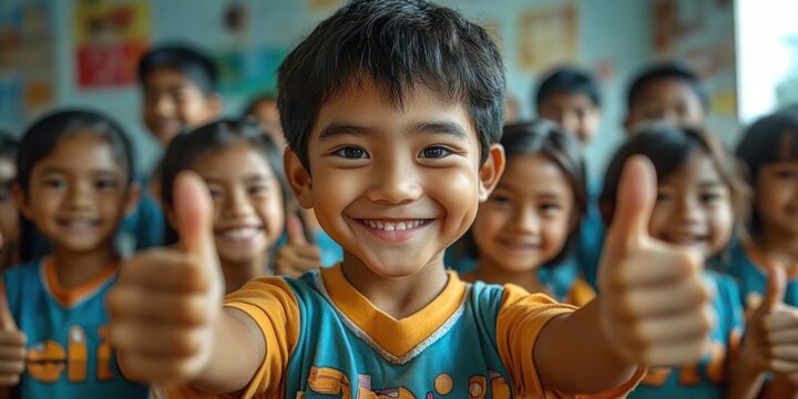 Group of smiling children in colorful shirts showing thumbs up in a bright classroom, expressing happiness and positivity - Powered by Adobe