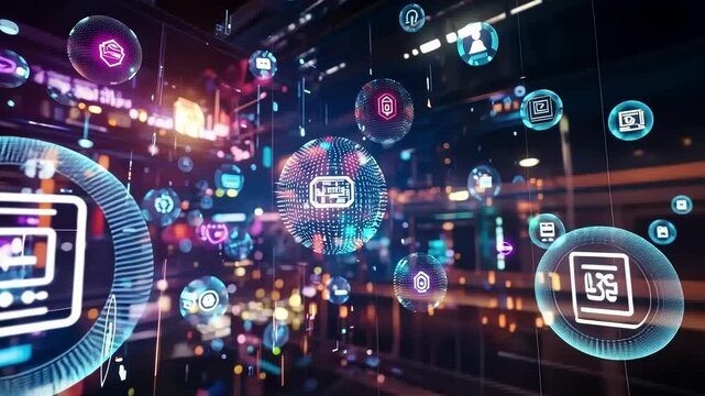 Interconnected nodes in midair each projecting a different startup logo symbolizing a network of collaboration and shared knowledge a budding enterprises.