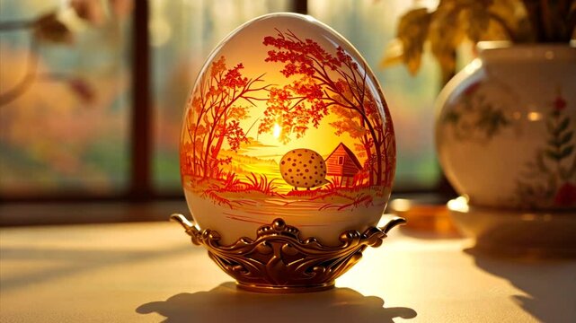 Painted glass Easter egg on the table at golden hour sunset. Beautiful painting of trees and house