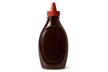 Red-capped brown plastic sauce bottle featuring empty label area, set against transparent backdrop
