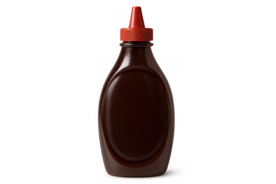 Red-capped brown plastic sauce bottle featuring empty label area, set against transparent backdrop