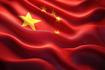 Close-up of a red flag with five yellow stars waving in soft fabric folds, evoking a sense of pride and movement