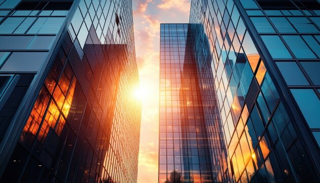 Sunset reflecting off tall glass skyscrapers in an urban cityscape, creating warm orange and blue hues with a bright sun shining through the buildings - Powered by Adobe