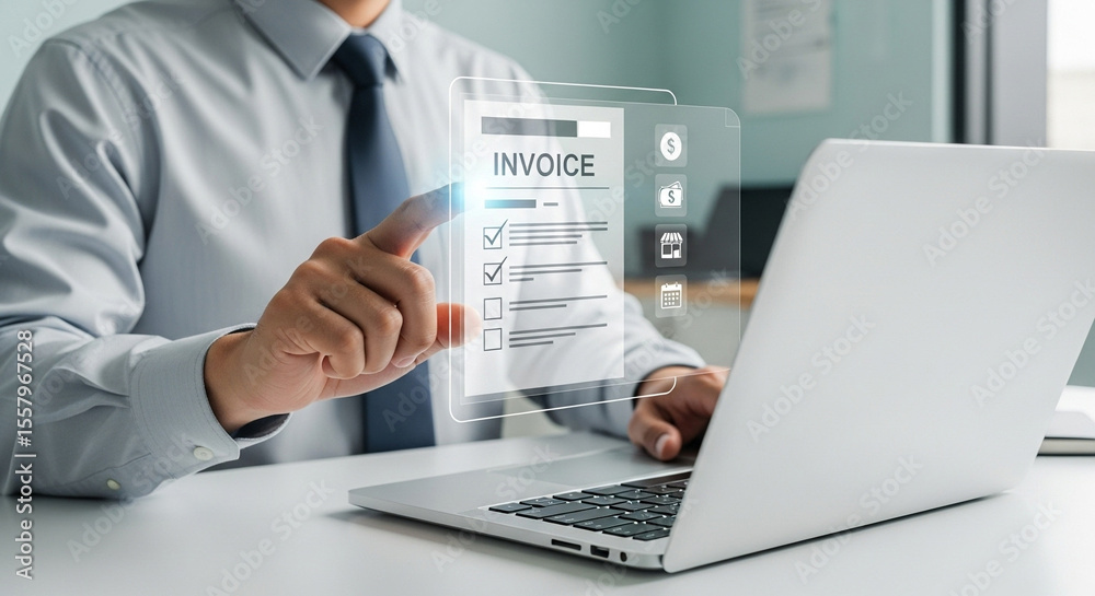 Poster Man interacting with digital invoice on laptop screen in a modern office environment setting