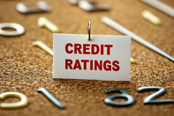 Close-up of a white card with red text credit ratings hanging on a pin surrounded by scattered three-dimensional numbers on a cork board