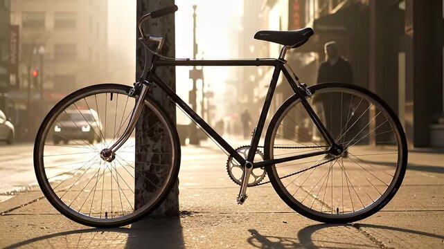Dark bicycle rests on a sidewalk, bathed in sunlit fog city backdrop