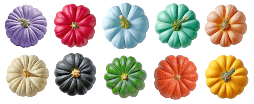 Top view of multicolored pumpkins isolated on transparent background, assorted decorative gourds for autumn, Halloween, and Thanksgiving seasonal design or craft use