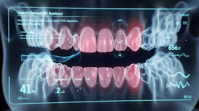 Dental hologram with teeth, graphs, and text overlaid in a futuristic display