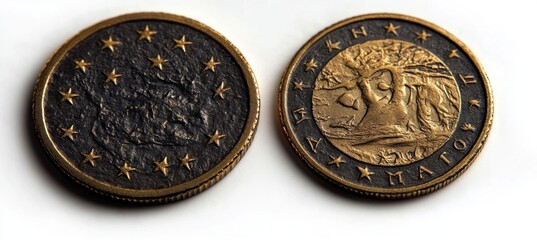Close-up view of two worn coins with star patterns and inscriptions on a light background