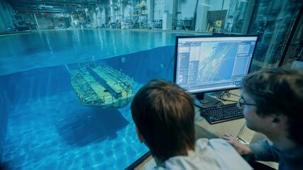 Engineers closely observe a computer screen displaying realtime data and fluid dynamics simulations while a physical scale model floats nearby in the testing basin highlighting the