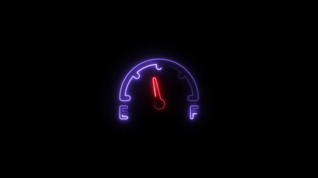 Glowing neon fuel icon animation black background. 4K Video motion graphic animation.Fuel gauge goes down from full to empty animation with gas level indicator and a red warning