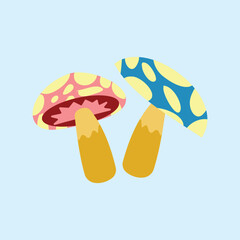 Illustration of button mushrooms, two colorful button mushrooms. Mushrooms are cute and can be used as a design element in children's fairy tale books.