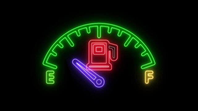 Glowing neon fuel icon animation black background. 4K Video motion graphic animation.Fuel gauge goes down from full to empty animation with gas level indicator and a red warning