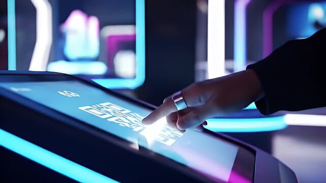 Finger taps touch screen with QR code in a neon-lit, futuristic scene - Powered by Adobe