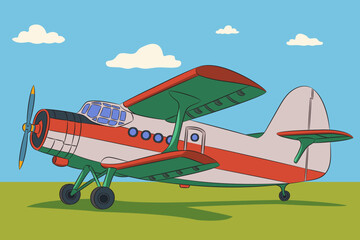 Cartoon biplane aircraft on grassy airfield