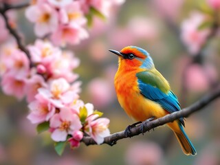 Fototapeta premium Songbird on flowering tree branch singing in spring. Great for nature, birdwatching, and calm visuals