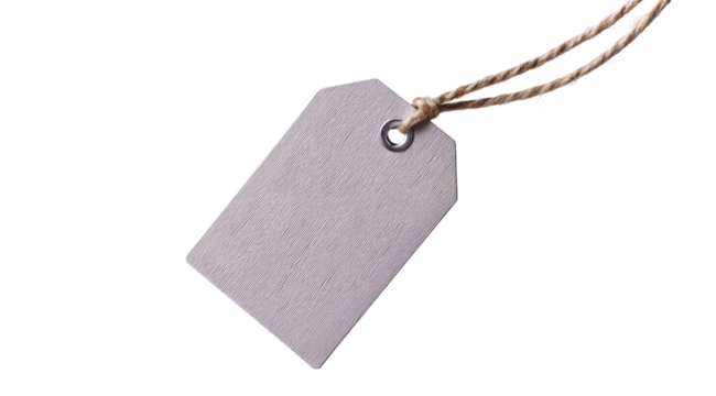 A blank textured paper price tag with string presents a versatile label against a dark backdrop, useful for product branding and promotional offers, silhouette, transparent background