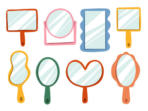 Whimsical Doodle Mirror Illustration. A playful set of 8 hand drawn mirrors in various shapes including oval rectangle and scalloped frames with soft reflections. Perfect for beauty themes stickers