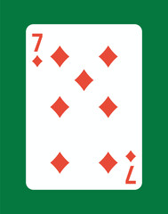 Seven of diamonds card on green background. Vector illustration