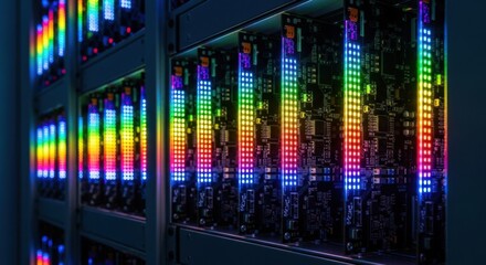 Vibrant Colorful LED Lighting Decorating Modern Server Racks in a Data Center