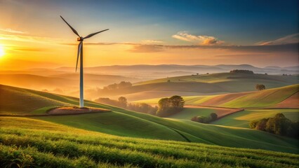 Obraz premium Golden Hour Serenity A Wind Turbine Stands Tall Amidst Rolling Green Hills Bathed in the Warm Glow of Sunrise