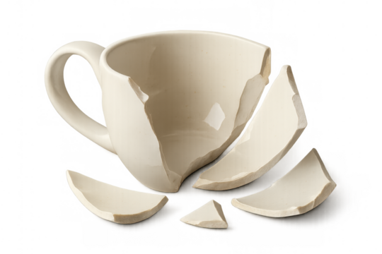 Fractured white ceramic coffee mug lying with scattered fragments, symbolizing vulnerability against transparent backdrop