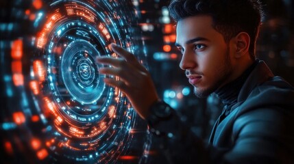 Young man interacting with a futuristic digital interface displaying circular blue and orange glowing data elements showing focus and concentration