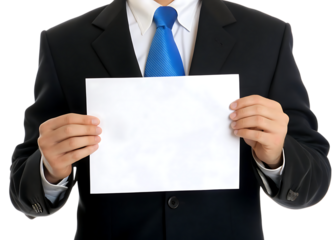 Businessman holding blank white sign on transparent background