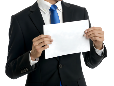 Businessman holding blank white paper sheet on transparent background