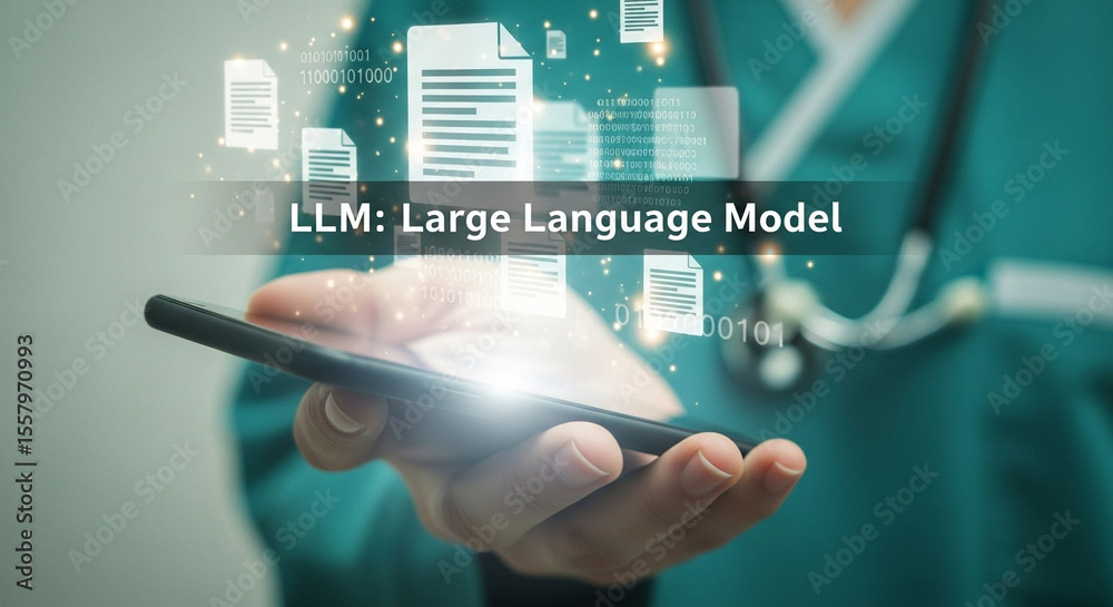 Poster Doctor using phone with llm large language model and floating document icons in digital space