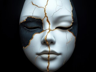Close-up of a serene white and black face mask with closed eyes featuring gold-highlighted cracks symbolizing beauty in imperfection and calmness