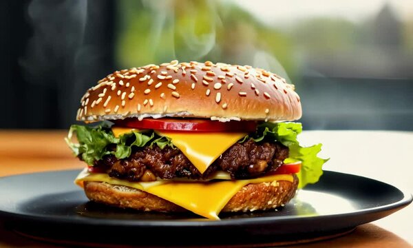 delicious and juicy petty and cheese burger in a black plate.ai 