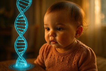 Baby in front of floating DNA strand for genetic research or child health concepts
