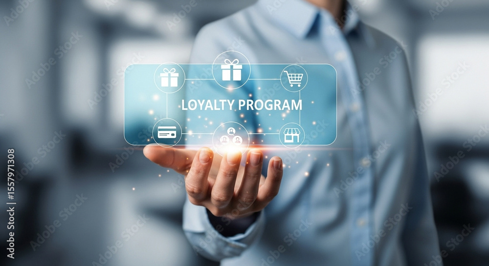 Poster person holding a digital loyalty program interface with gifts and shopping cart icons displayed
