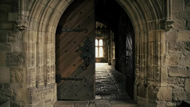 Half-open castle door leading into corridor with bright window at the end