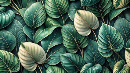 Lush Green Tropical Foliage A Detailed Close-Up of Vibrant, Textured Leaves in a Rich, Verdant Palette