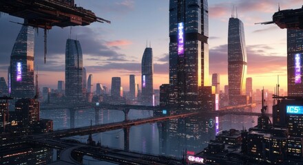 Naklejka premium Futuristic Metropolis Skyline at Dusk with Hovering Vehicles and Illuminated Skyscrapers